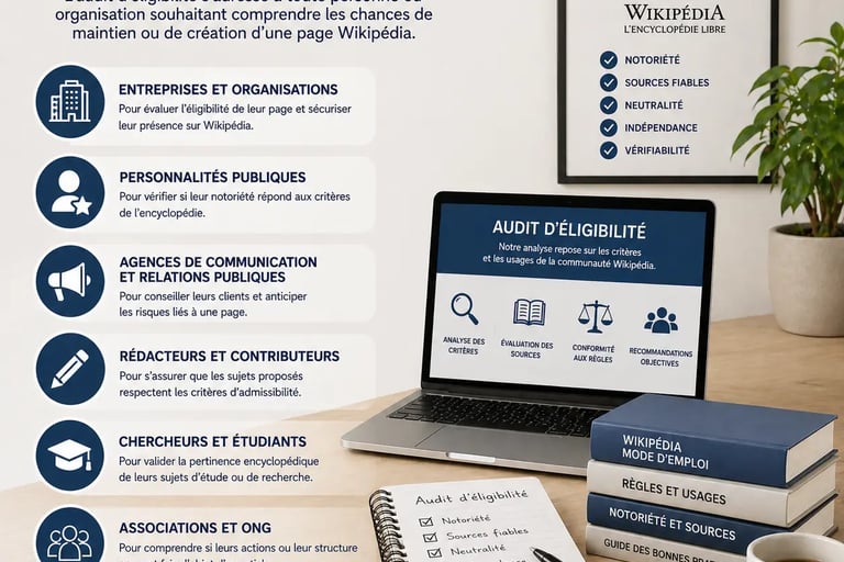 Ordinateur présentant un audit d’éligibilité Wikipédia destiné aux entreprises