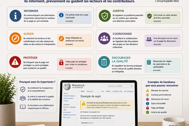 Bureau professionnel avec infographie expliquant à quoi servent les bandeaux sur Wikipédia