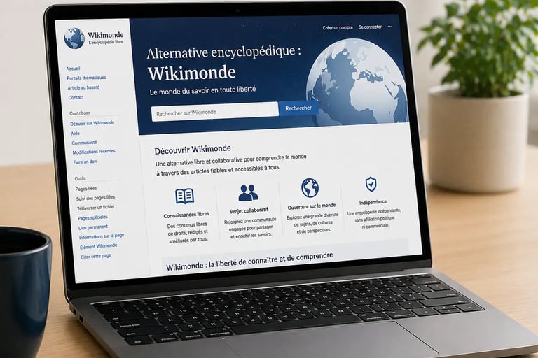 Ordinateur portable sur un bureau moderne affichant la page d’accueil de Wikimonde