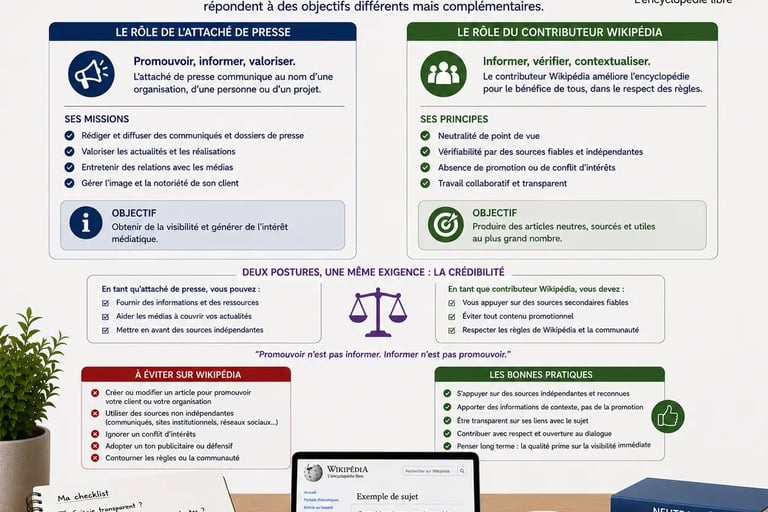 infographie comparant le rôle d’un attaché de presse et celui d’un contributeur Wikipédia