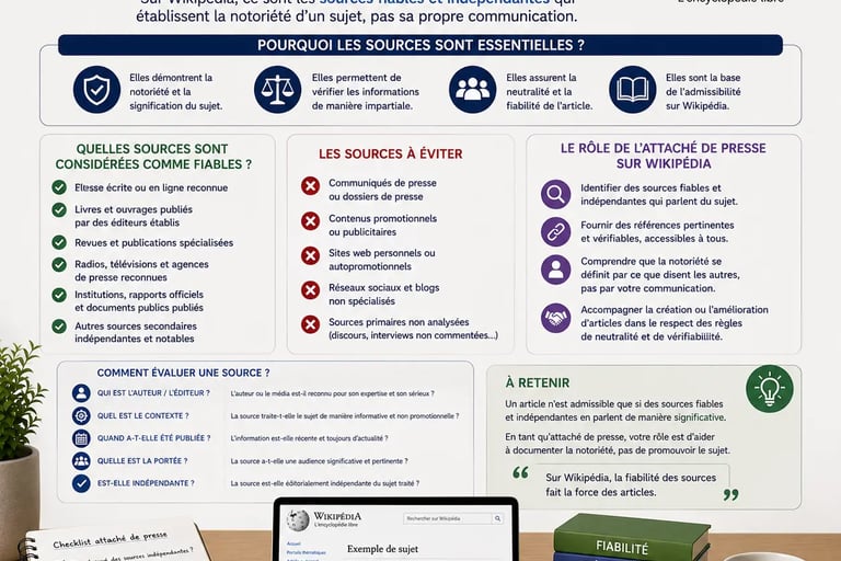 Infographie expliquant le rôle des sources fiables et indépendantes dans l’admissibilité Wikipédia