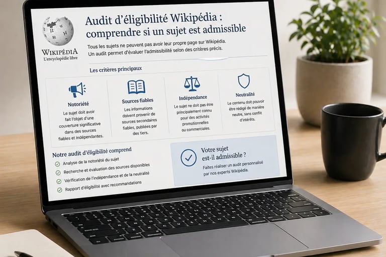Ordinateur portable sur un bureau moderne affichant un audit d’éligibilité Wikipédia