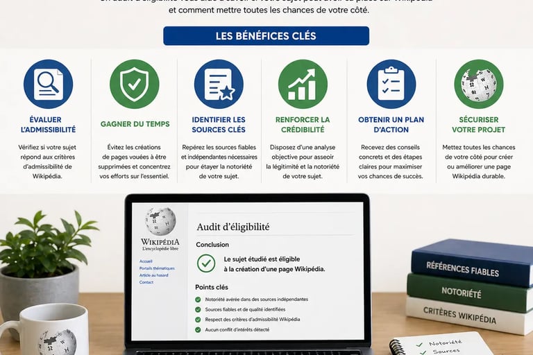 Infographie sur fond clair présentant les bénéfices d’un audit d’éligibilité Wikipédia