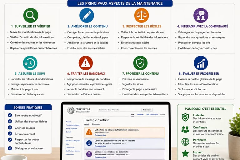 Infographie présentant les différentes dimensions de la maintenance d’une page Wikipédia