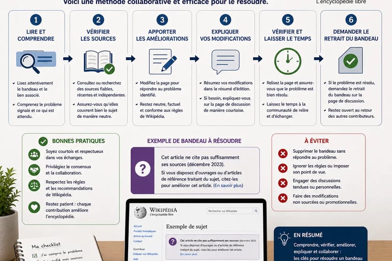 Bureau avec infographie expliquant comment aborder la résolution d’un bandeau Wikipédia