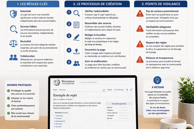 Infographie présentant Création de page Wikipédia : règles, processus et points de vigilance