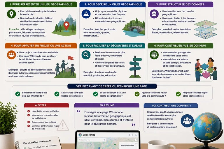 Bureau professionnel avec infographie expliquant dans quels cas envisager une page Wikimonde