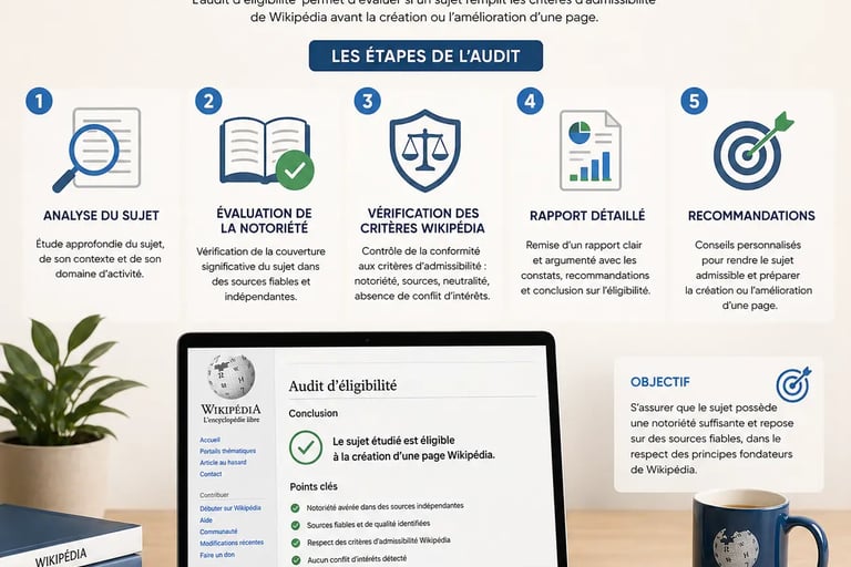 Infographie sur fond clair présentant les étapes d’un audit d’éligibilité Wikipédia