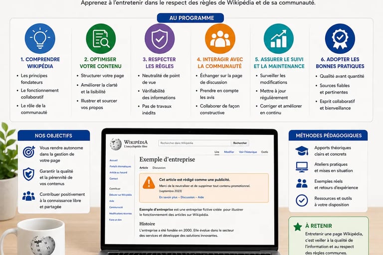Infographie présentant une formation à la maintenance de page Wikipédia avec bonnes pratiques