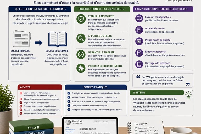 infographie expliquant le rôle central des sources secondaires sur Wikipédia