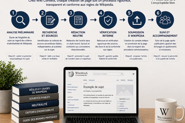 Bureau avec infographie présentant les étapes du processus de création d’une page Wikipédia