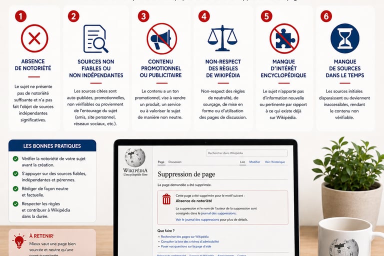 Infographie sur fond clair présentant les causes fréquentes de suppression de page Wikipédia