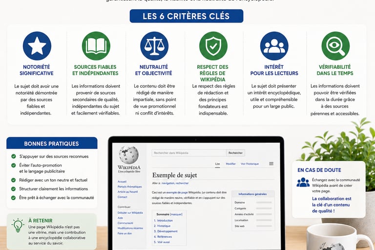 Infographie sur fond clair présentant les critères essentiels pour créer une page Wikipédia