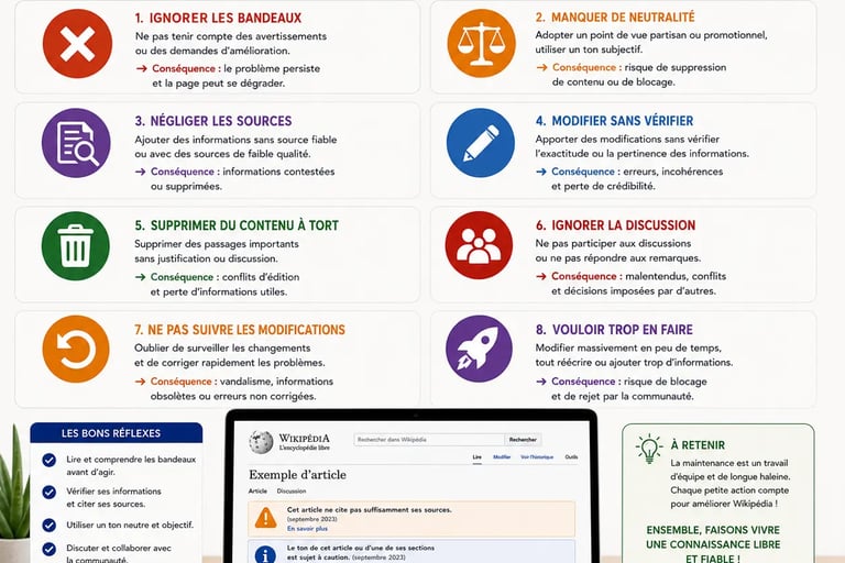 Infographie expliquant les erreurs fréquentes lors de la maintenance d’une page Wikip