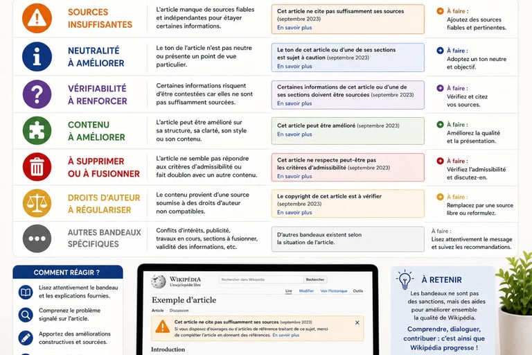 Infographie sur fond clair présentant les principaux types de bandeaux sur Wikipédia