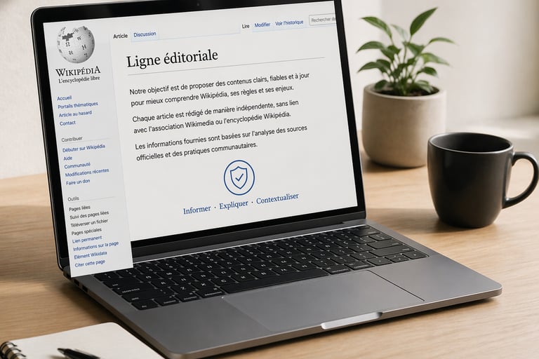 Ordinateur portable sur un bureau épuré affichant une page de contenu informatif sur Wikipédia