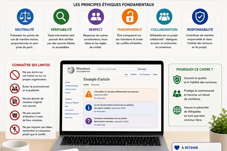Infographie sur fond clair expliquant les limites et le cadre éthique sur Wikipédia