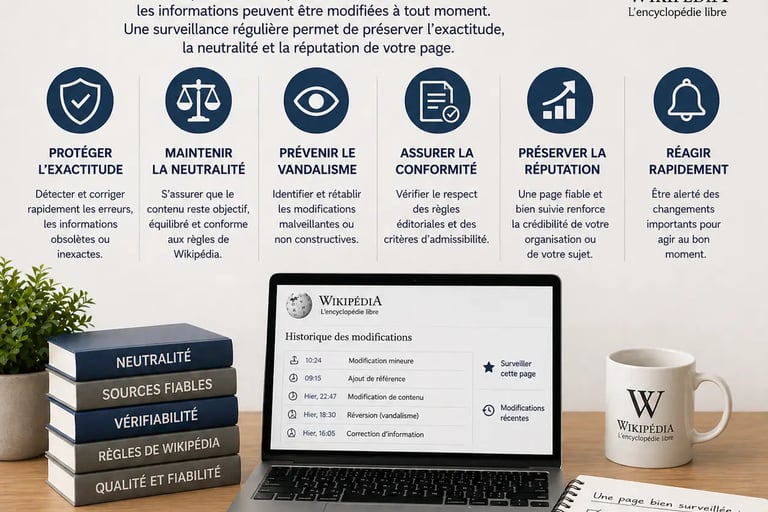 Bureau avec infographie expliquant pourquoi la surveillance est importante sur Wikipédia
