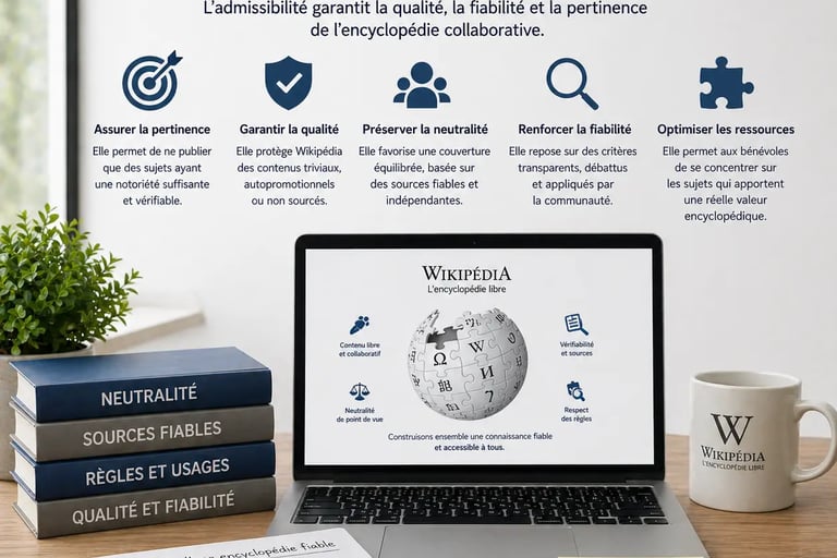 Bureau professionnel avec ordinateur illustrant pourquoi l’admissibilité est centrale sur Wikipédia