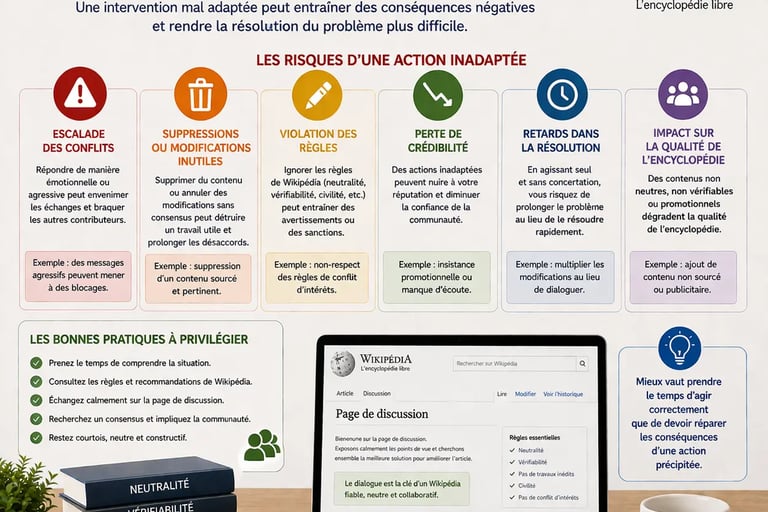Infographie expliquant pourquoi une action inadaptée sur Wikipédia peut aggraver la situation