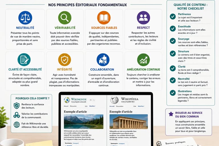 Infographie présentant les principes éditoriaux et la qualité de contenu d’un projet encyclopédique