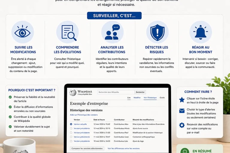 Infographie sur fond clair expliquant ce que signifie surveiller une page Wikipédia 