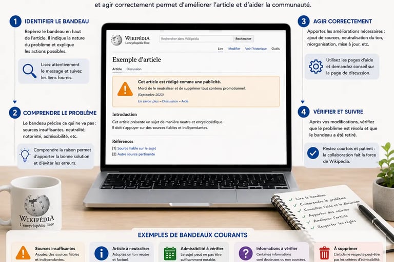 Infographie sur fond clair expliquant la résolution d’un problème de page Wikipédia avec bandeau