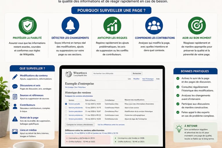 Infographie sur fond clair expliquant la surveillance de page Wikipédia avec suivi des modifications