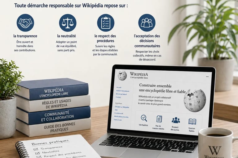 Bureau professionnel avec ordinateur affichant les principes fondamentaux de Wikipédia