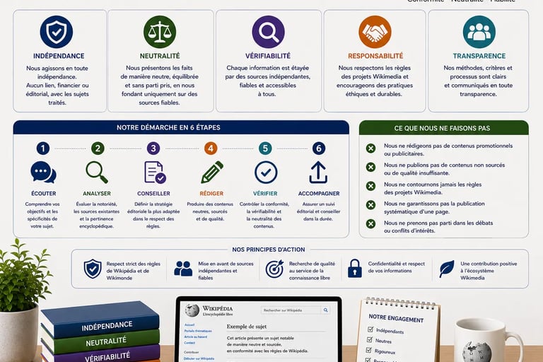 Bureau professionnel avec infographie mettant en avant une démarche indépendante et responsable
