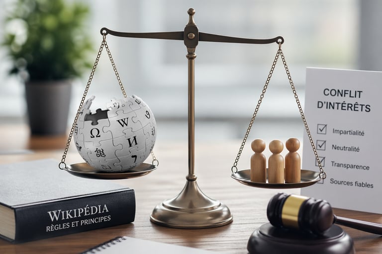 Balance symbolisant l’équilibre éditorial sur Wikipédia avec globe Wikipédia