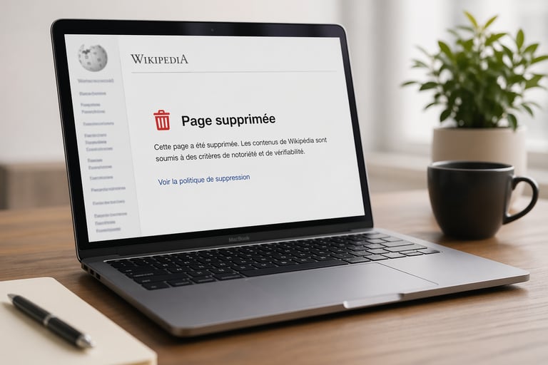 Ordinateur portable affichant un message de suppression de page Wikipédia