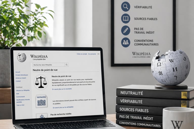 Bureau professionnel avec ordinateur affichant les principes fondateurs de Wikipédia