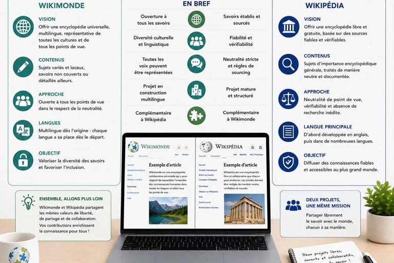 Infographie comparant Wikimonde et Wikipédia comme deux projets encyclopédiques distincts