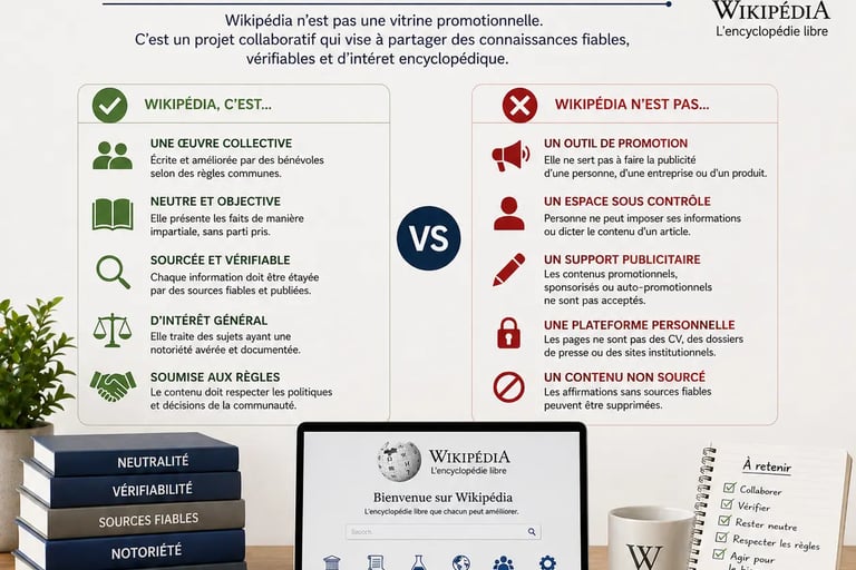 Bureau professionnel avec infographie expliquant que Wikipédia est une encyclopédie collaborative