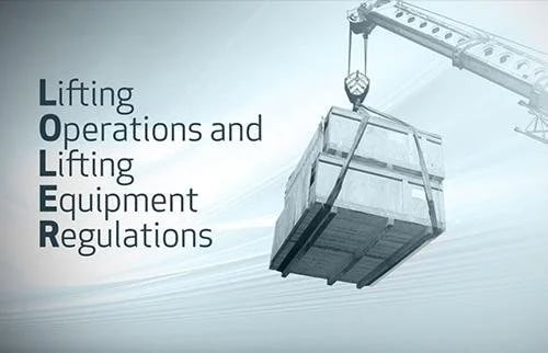 A construction crane lifting heavy crates alongside the text LOLER Lifting Operations and Lifting Equipment Regulations.