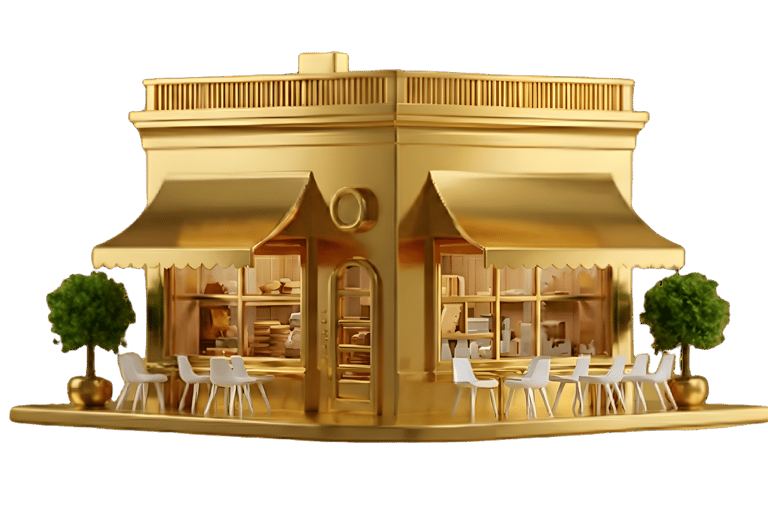 A 3D golden cafe storefront model with outdoor seating, awnings, and topiary trees on a black background.
