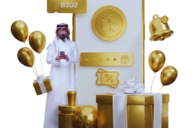 Arab man using a mobile rewards app with gold gifts, balloons, and discount coupons.