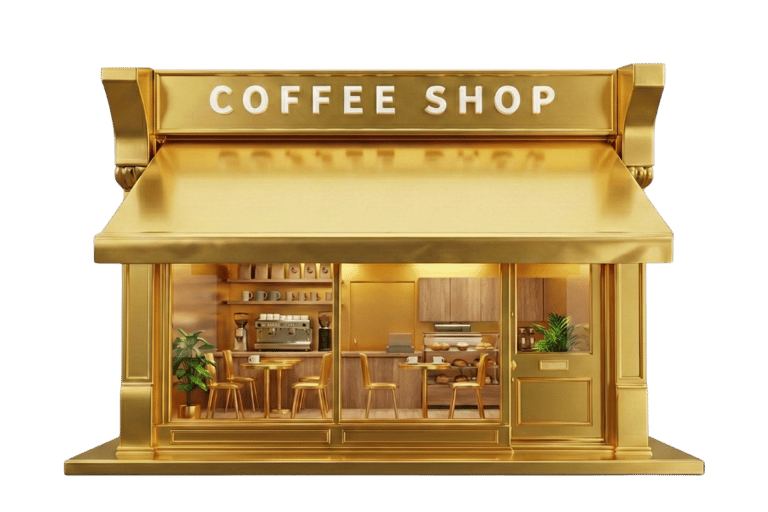 A 3D miniature gold coffee shop storefront featuring luxury golden cafe interior and furniture on black background.