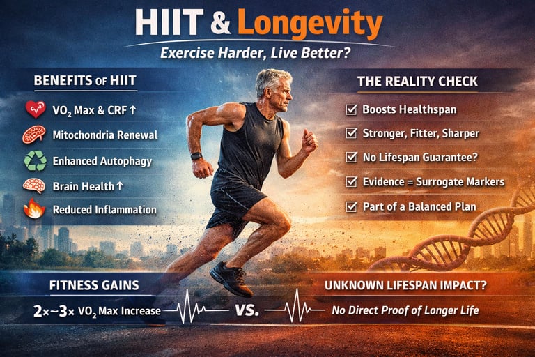 HIIT and longevity infographic showing VO2 max, mitochondrial health, and healthspan benefits of hig