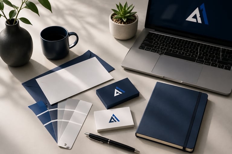 Professional branding workspace with logo design and business identity