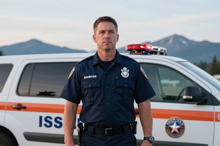 A professional North American emergency response specialist in a dark blue uniform standing in front of an organizational vehicle in Issaquah, Washington. The background features the soft white and light blue of the sky and mountain peaks, creating an atmosphere of trust and safety.