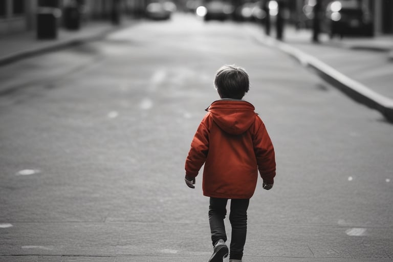 a young boy walking down a street in a city