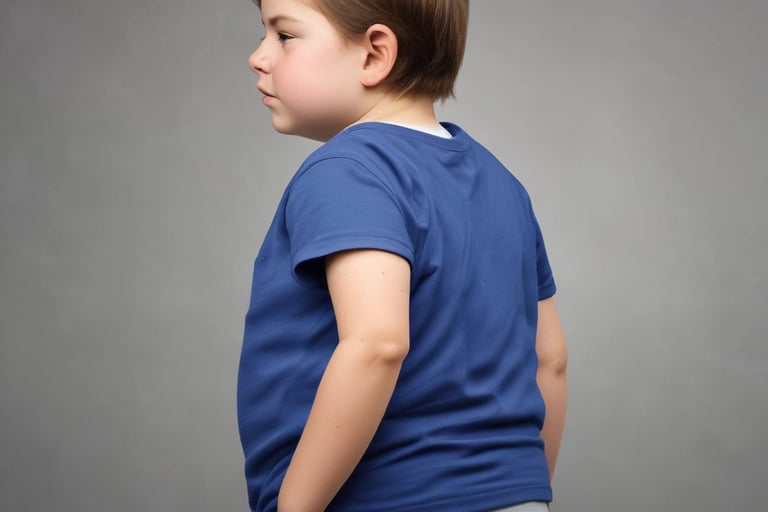 a young boy with a blue shirt and gray pants