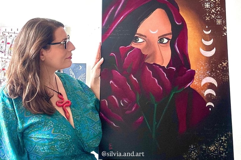 Silvia, an artist, proudly presents her original painting inspired by Mary Magdalene