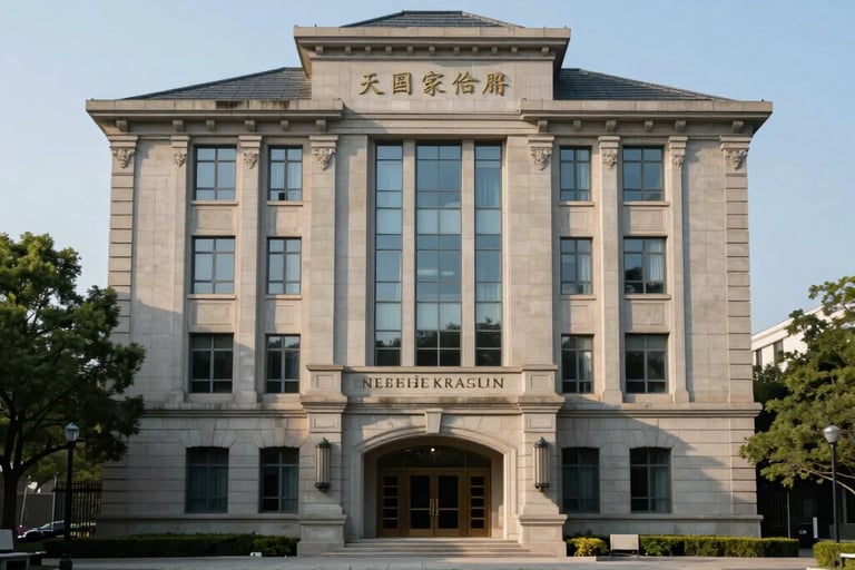 A sophisticated photograph of the Weikai Family Foundation headquarters, an elegant stone building in a North American park setting, reflecting stability and trust.