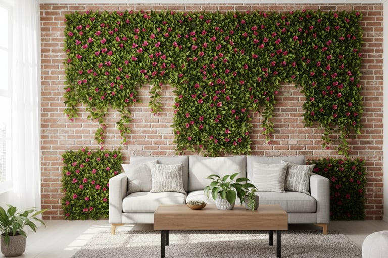 Residential patio area with vertical artificial ivy installation.
