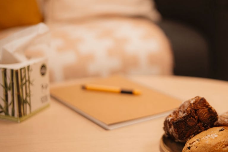 A welcoming coffee table with biscuits, notebook, pen and tissues, details that make clients feel at home.