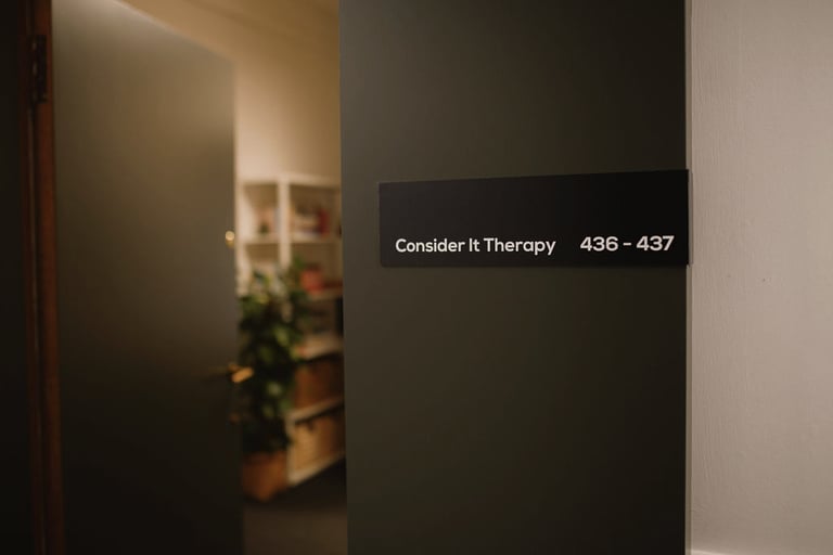 The entrance to Consider It Therapy, suite 436–437, Baltic Chambers, Glasgow