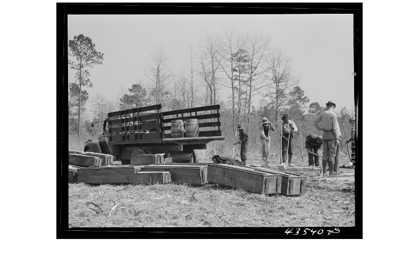 Digging new graves for a cemetery being moved out of Santee-Cooper basin. Near Bonneau SC